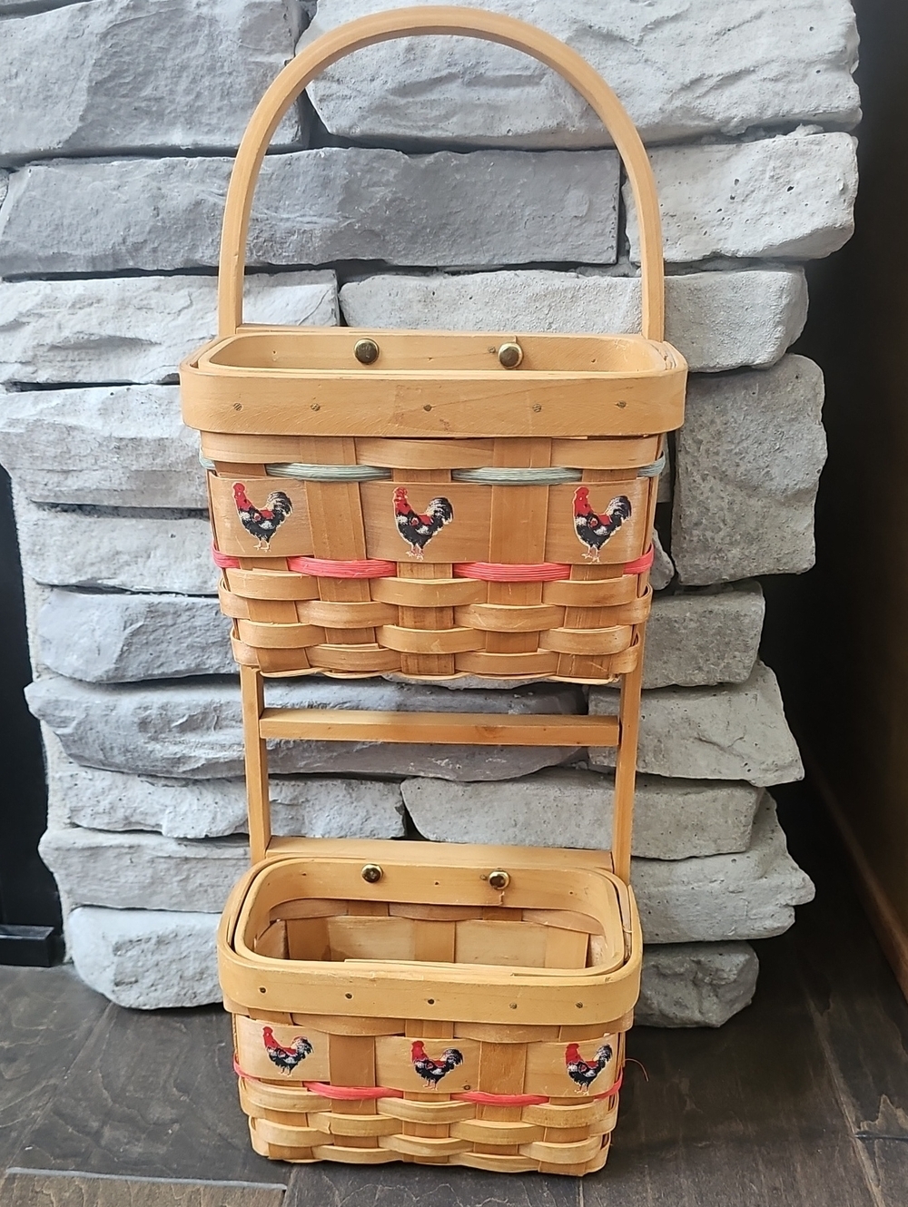 Vintage Charming Double-Tier Woven Market Basket with Rooster Accents - Natural